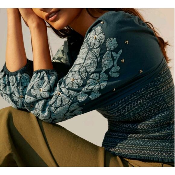 NEW Anthropologie Turquoise Embroidered Top - Picture 4 of 7
